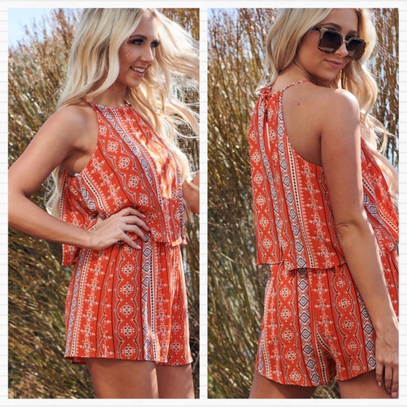 Sadie & Sage Red Orange Popover Aztec Boho Romper - Picture 2 of 10